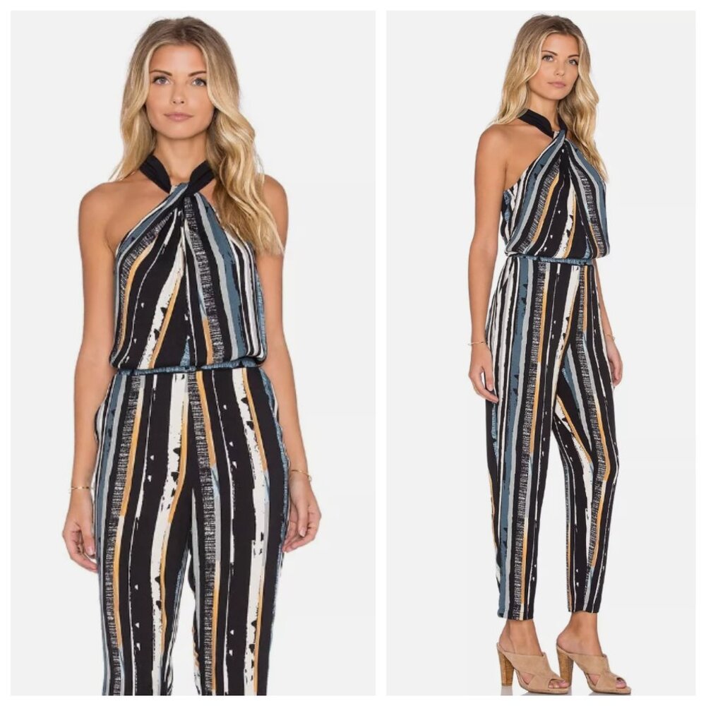Ella Moss Rainforest Black Blue Stripe Print Twist Halter Neck Jumpsuit